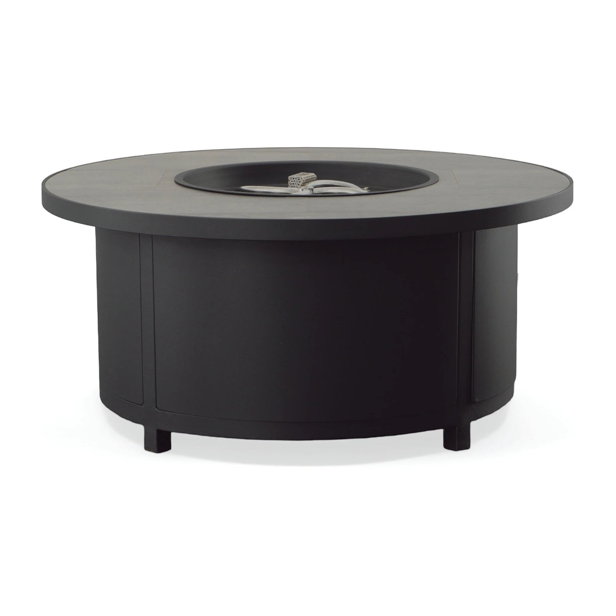 Summer House Patio Capri 36" round black powder-coated steel fire table with Urban Shift porcelain tile top.
