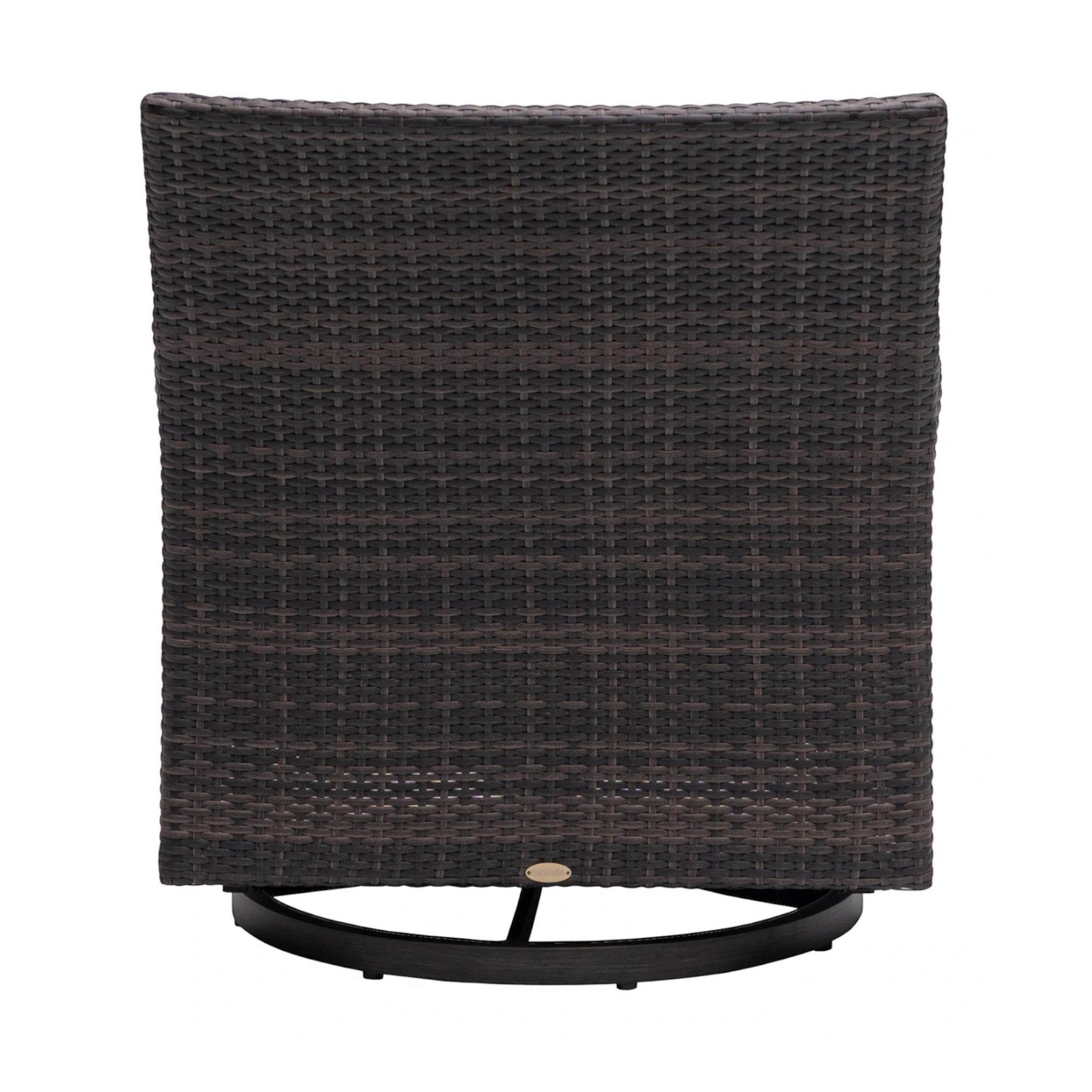 Summer House Patio Biltmore Swivel Glider in Rusty Umber. Woven all-weather wicker in Wild Truffle on aluminum frame.