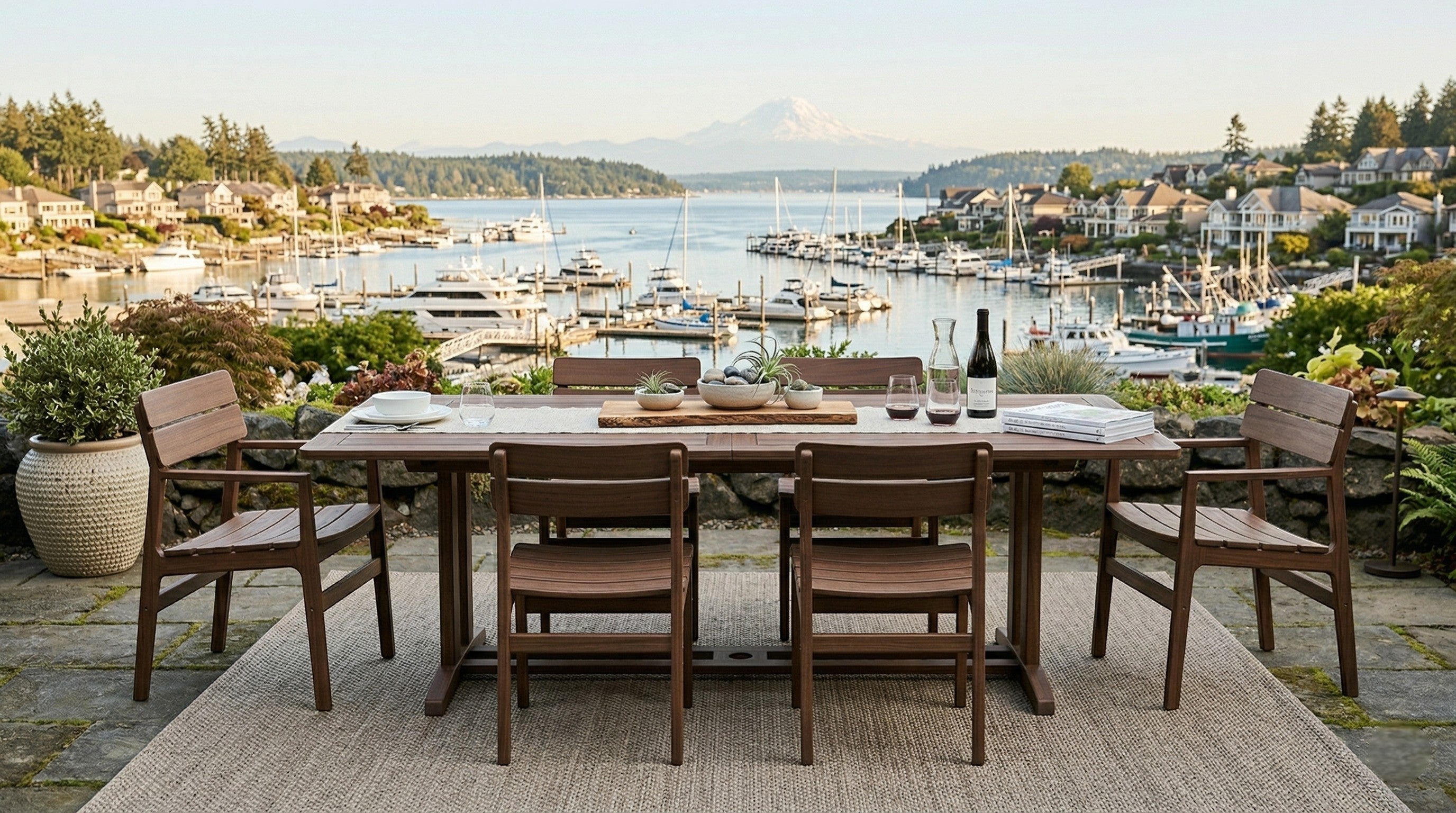 Summer House Patio Foundations 74" rectangular dining table made of natural Ipe wood with slatted top. Outdoor furniture.