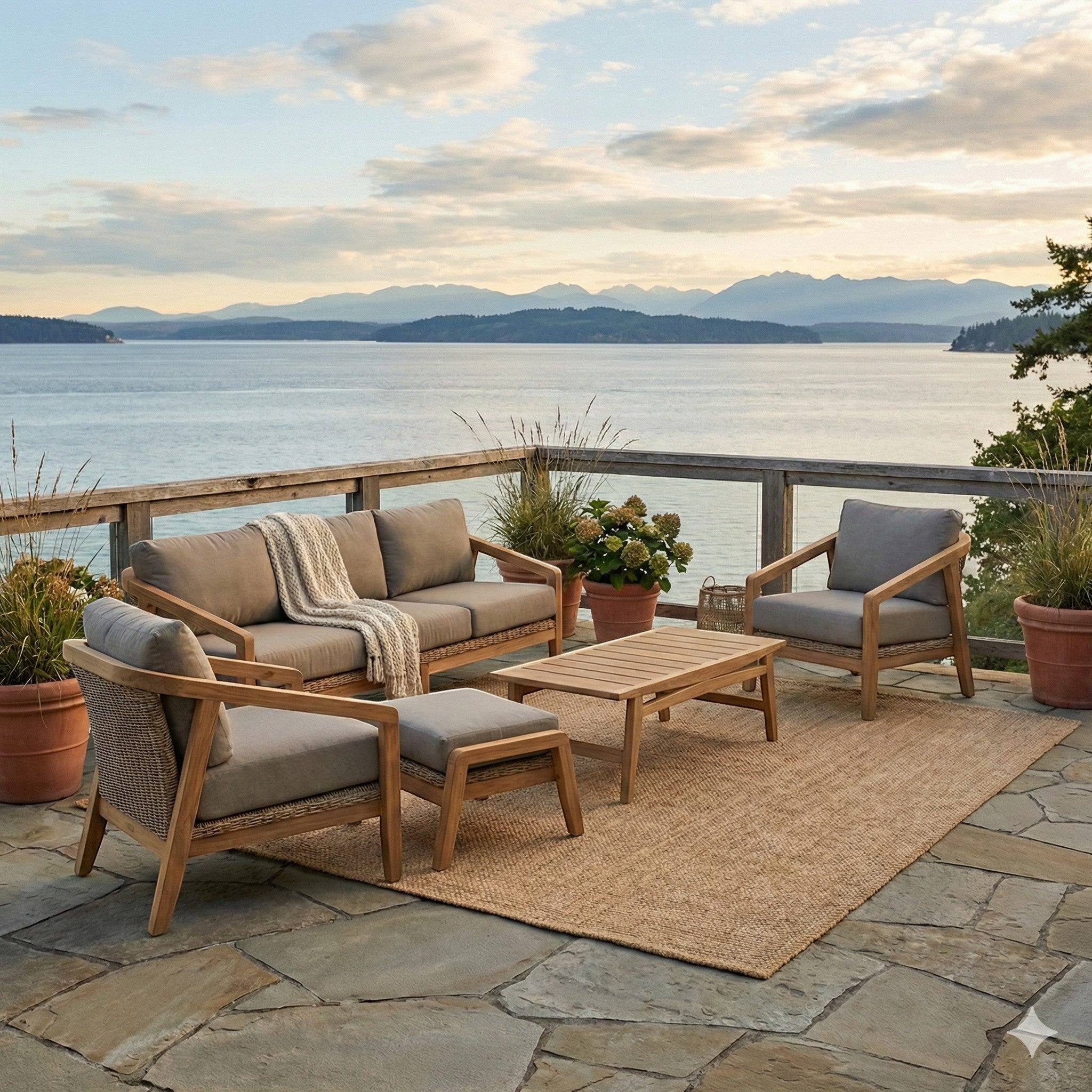 Summer House Patio Spencer collection sofa and chairs with grey cushions and woven wicker frames on a patio overlooking the water.