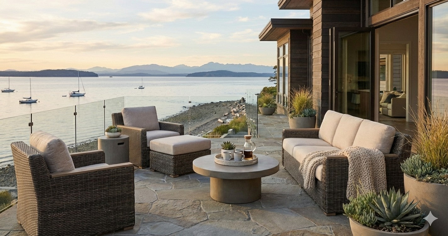 Summer House Patio Summit lounge chair with woven dark brown frame, Salvaged Lumber aluminum accents, and Metz Pebble Sunbrella cushions.