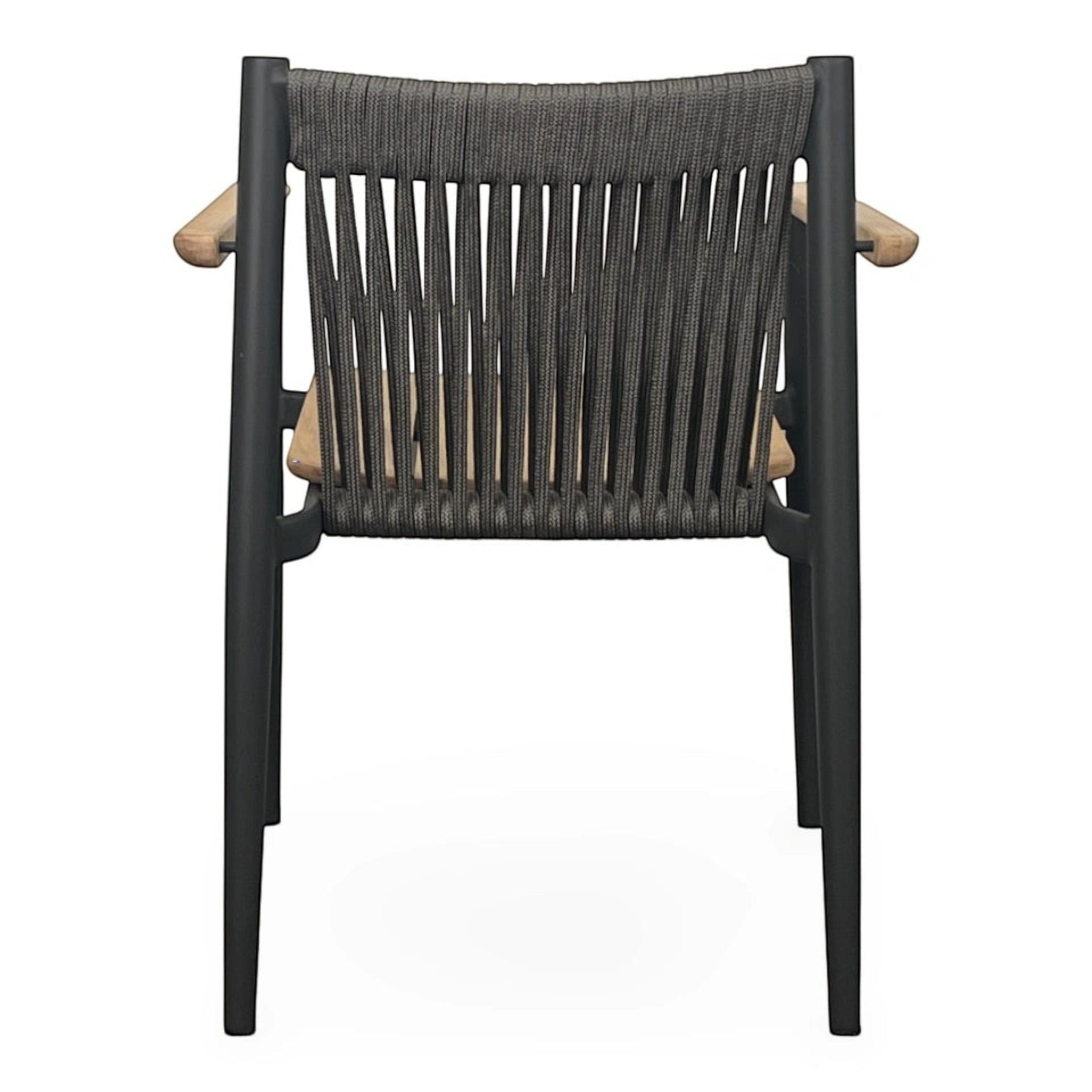 Summer House Patio Enzo dining arm chair with slate powder coated aluminum frame, anthracite rope back, and natural teak seat and arms.