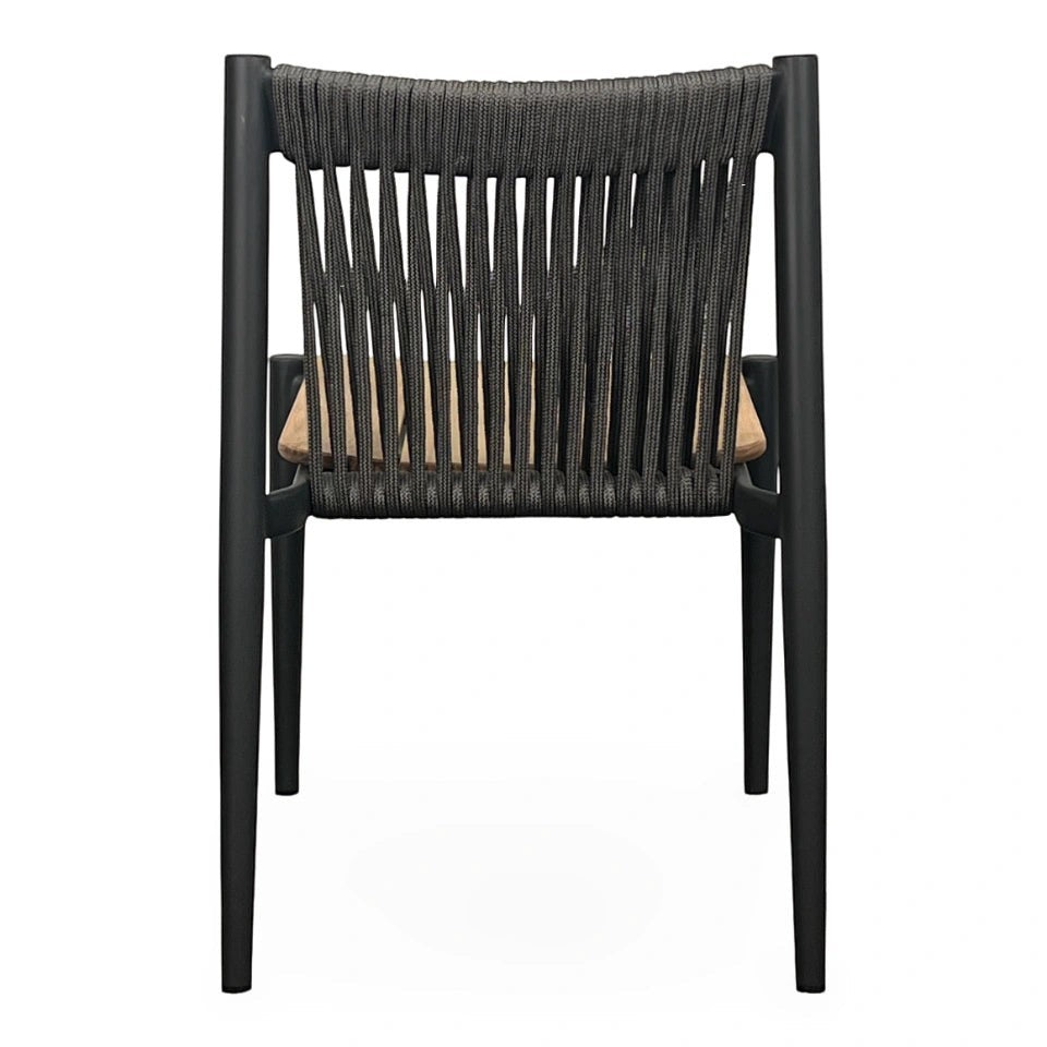 Summer House Patio Enzo dining chair with slate powder coated aluminum frame, anthracite rope back, and natural teak seat.