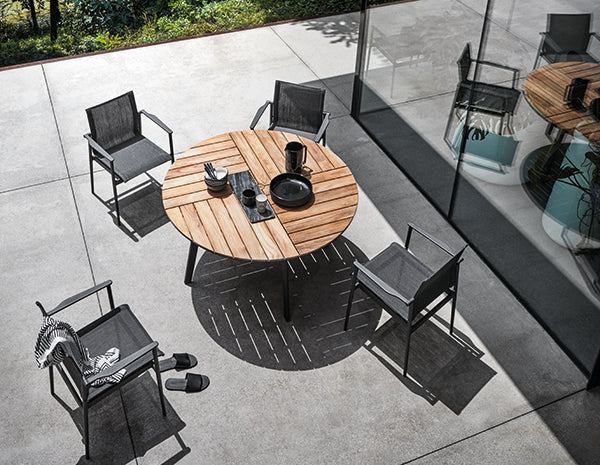 CARVER ROUND DINING TABLE, TEAK TOP