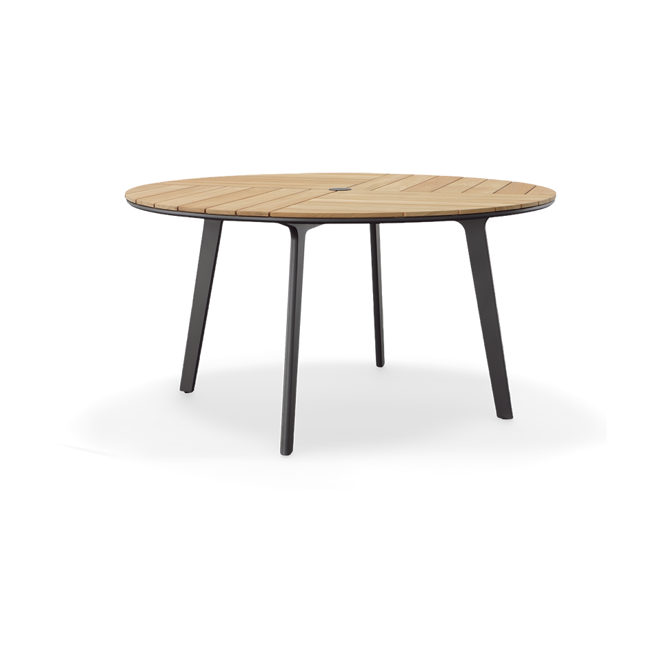 CARVER ROUND DINING TABLE, TEAK TOP