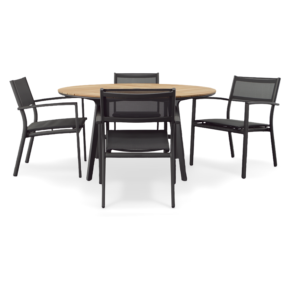 CARVER ROUND DINING TABLE, TEAK TOP