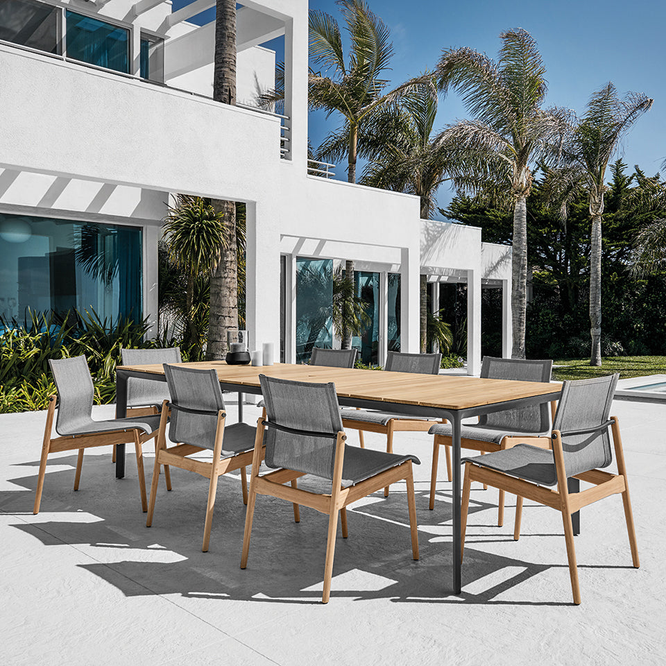 CARVER 110" RECTANGULAR DINING TABLE, TEAK TOP