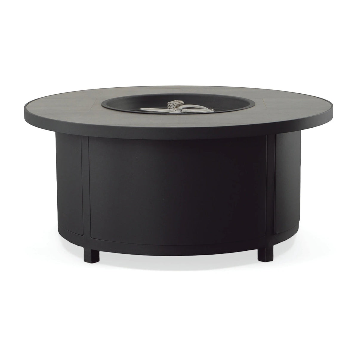 Summer House Patio Capri 36" round black powder-coated steel fire table with Urban Shift porcelain tile top.