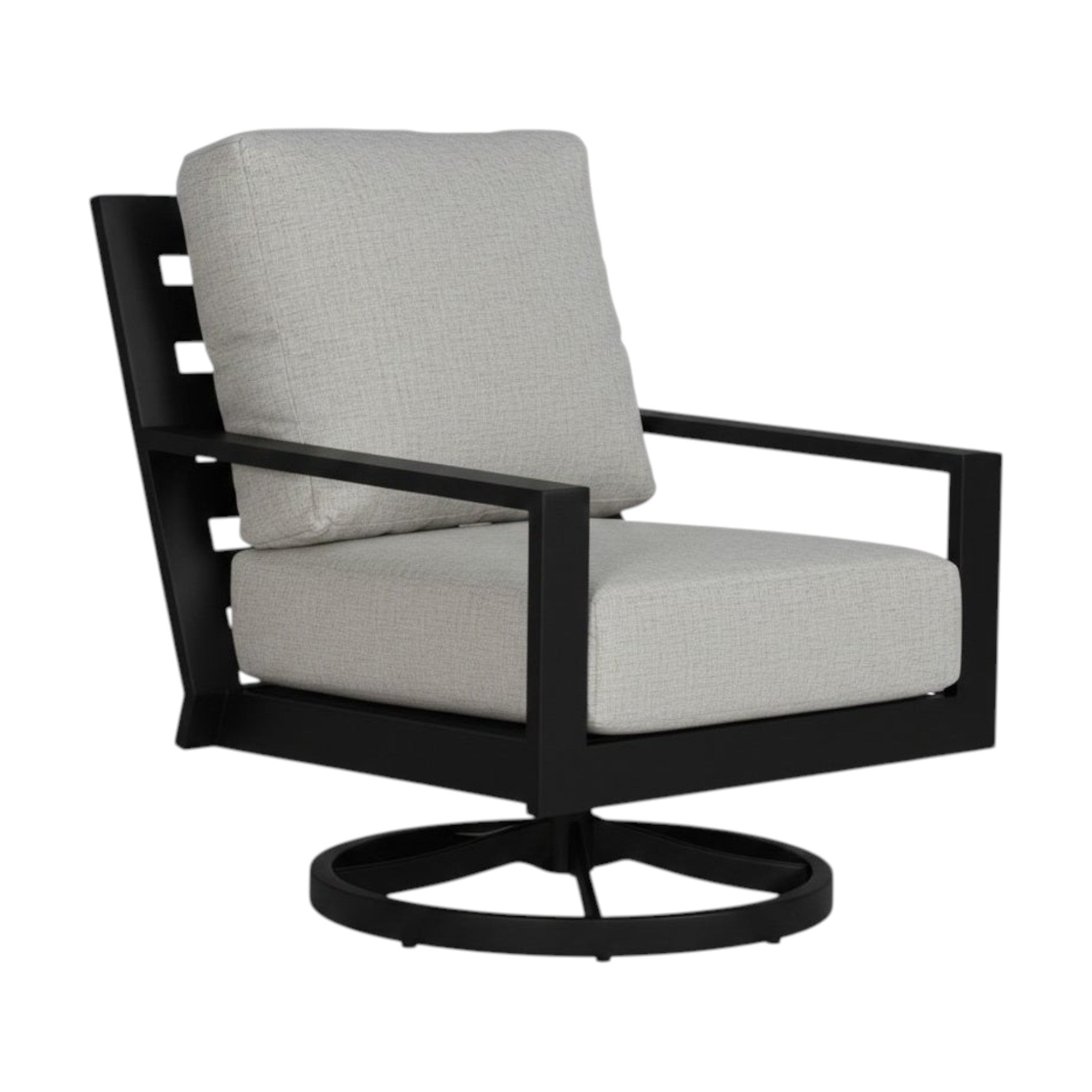 Summer House Patio Coast swivel rocker lounge chair in coal aluminum with light grey Sunbrella cushions.