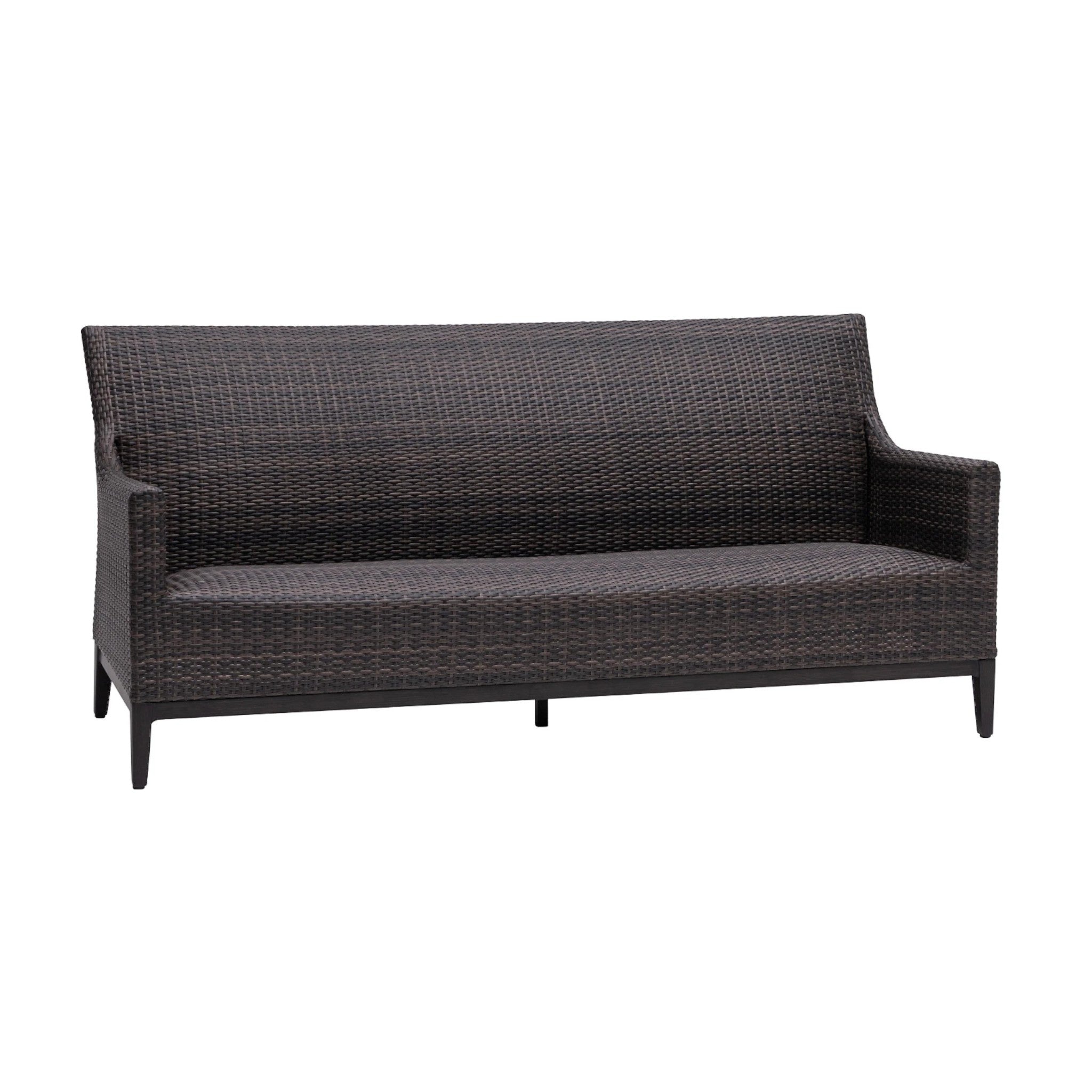 Summer House Patio Biltmore sofa in Rusty Umber, woven Wild Truffle resin over aluminum frame. Outdoor furniture.