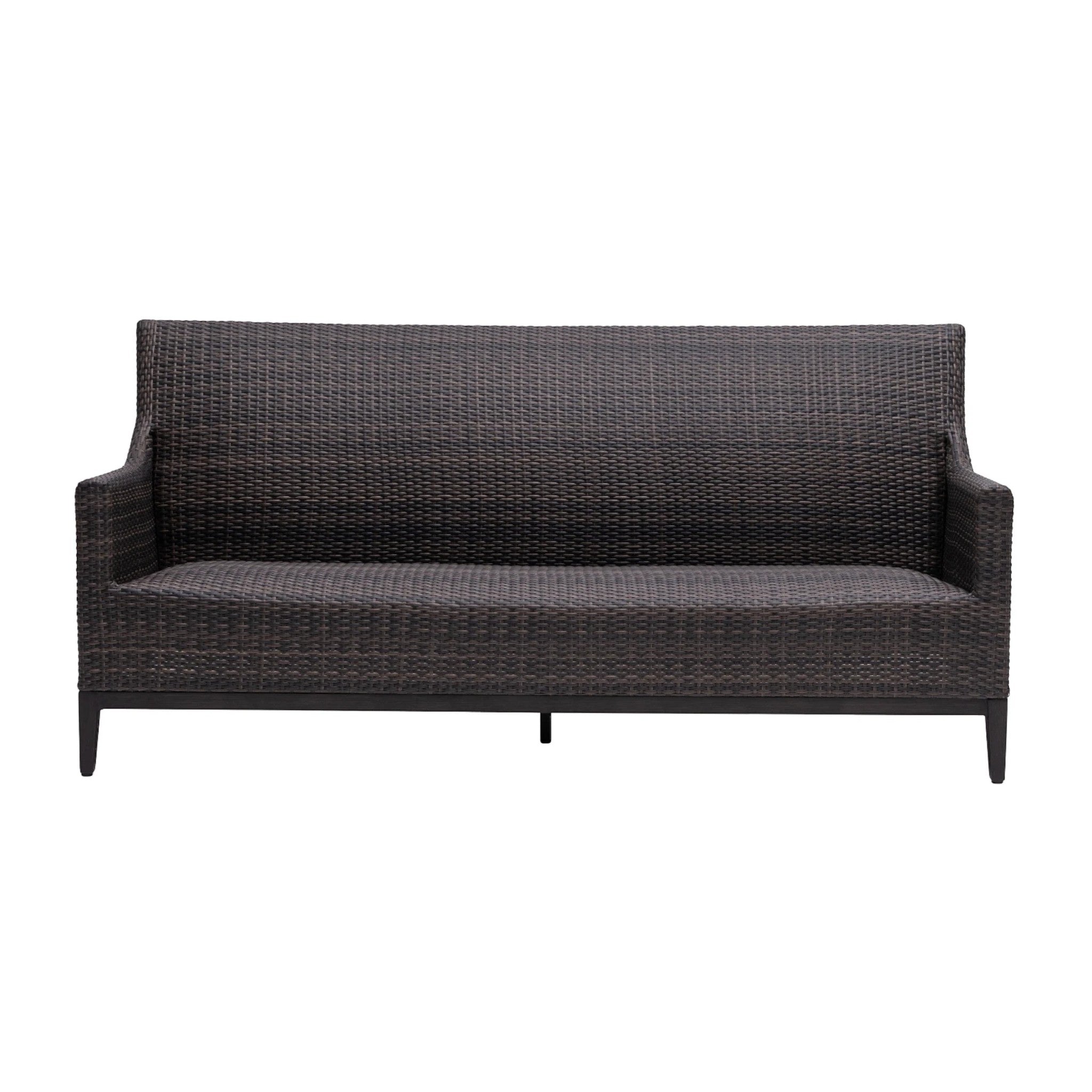 Summer House Patio Biltmore sofa in Rusty Umber, hand-woven Wild Truffle resin wicker over aluminum frame.