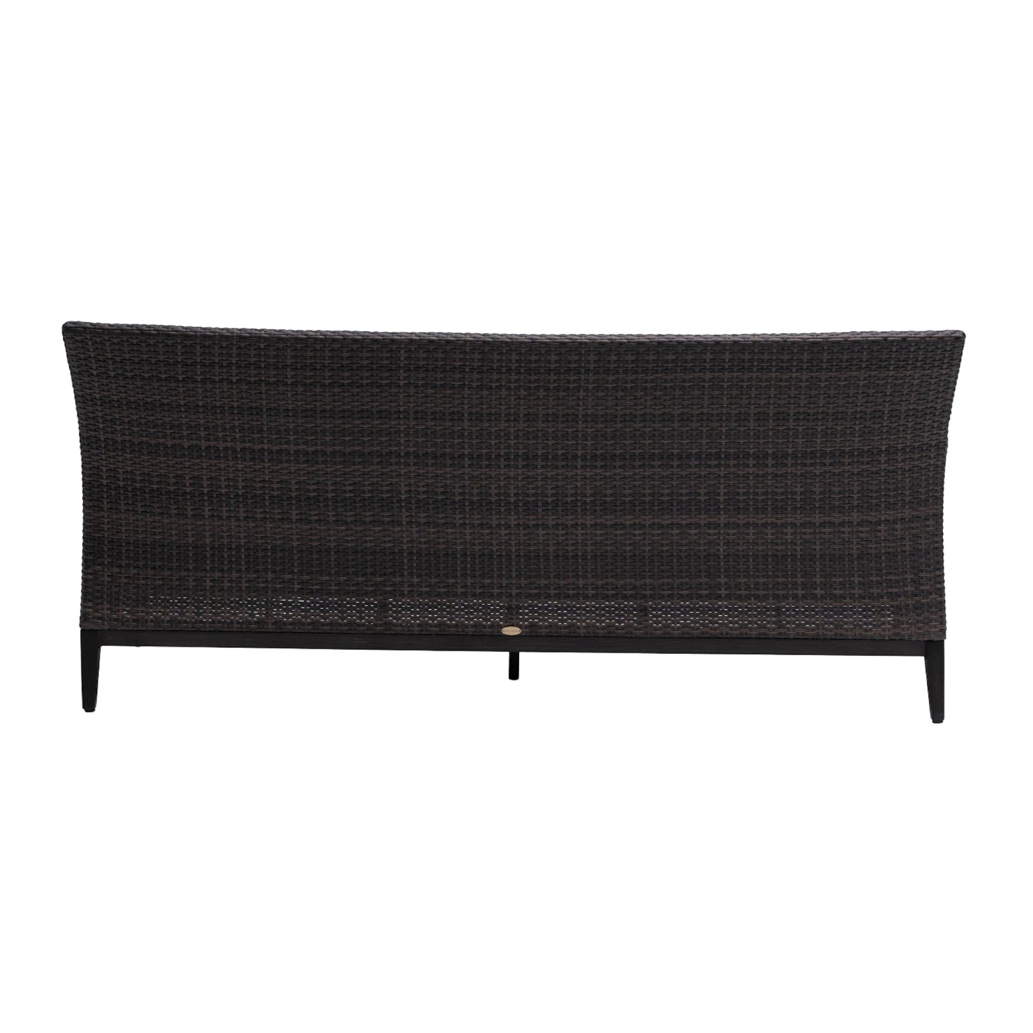 Summer House Patio Biltmore sofa in Rusty Umber. Features woven Wild Truffle resin wicker on an aluminum frame.