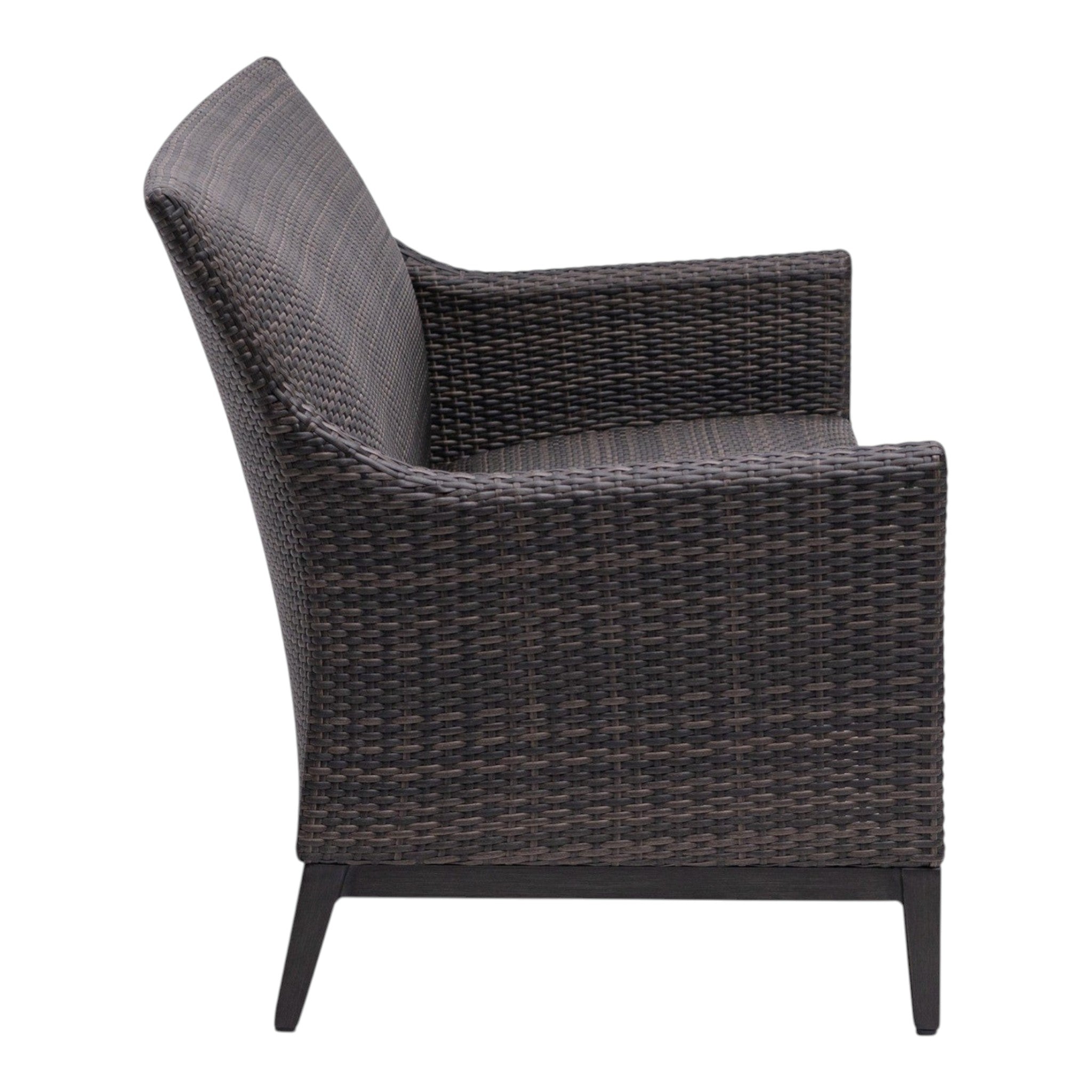 Summer House Patio Biltmore sofa in Rusty Umber. Woven all-weather wicker in Wild Truffle over aluminum frame.