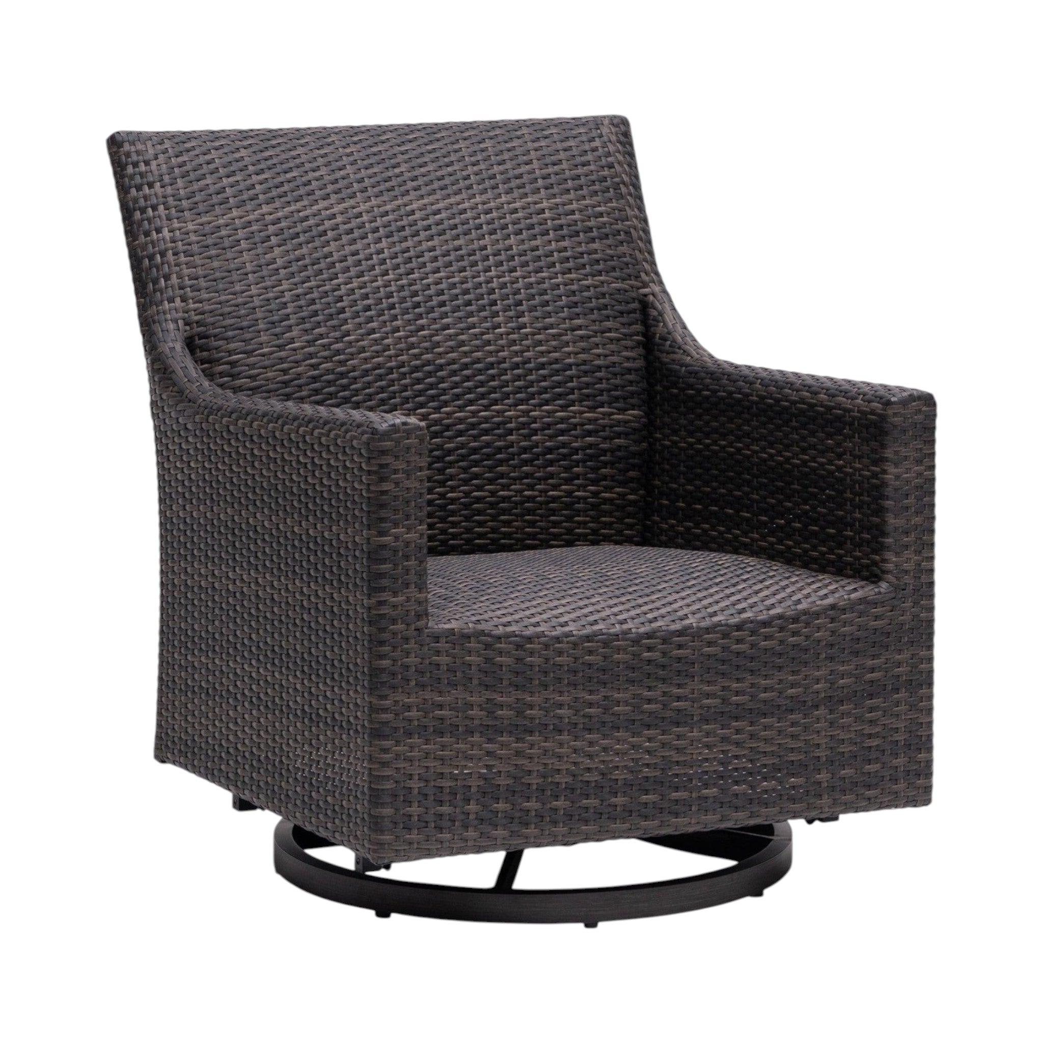 Summer House Patio Biltmore Swivel Glider in Rusty Umber all-weather wicker with integrated foam cushioning and aluminum frame.