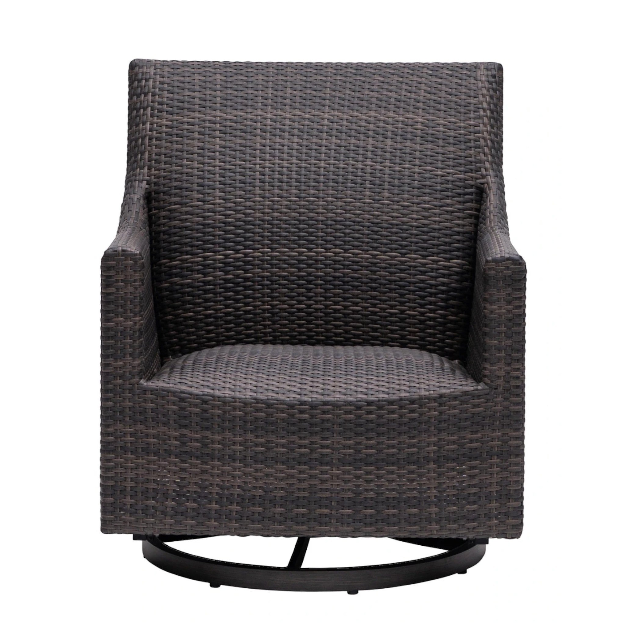 Summer House Patio Biltmore Swivel Glider in Rusty Umber, woven wicker with integrated cushioning and a dark metal base.