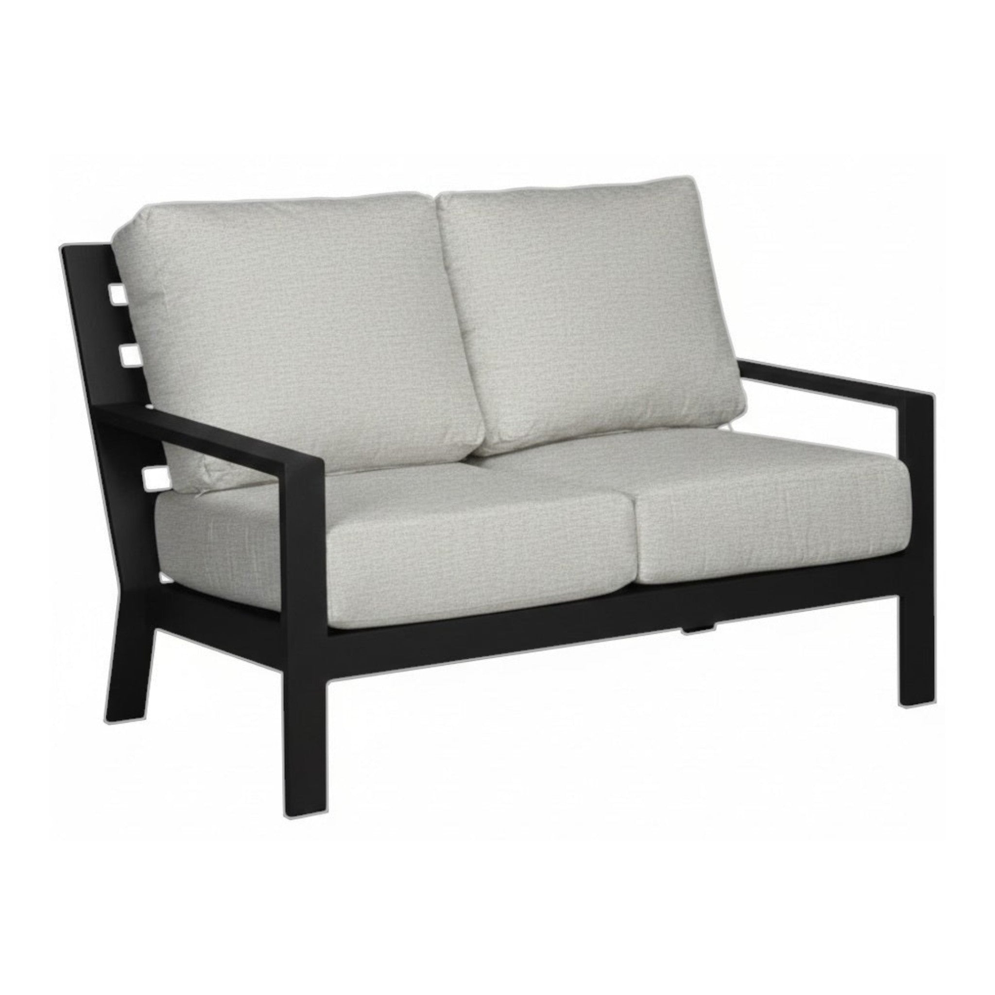 Summer House Patio Coast loveseat with black powder-coated aluminum frame and light grey Sunbrella cushions.