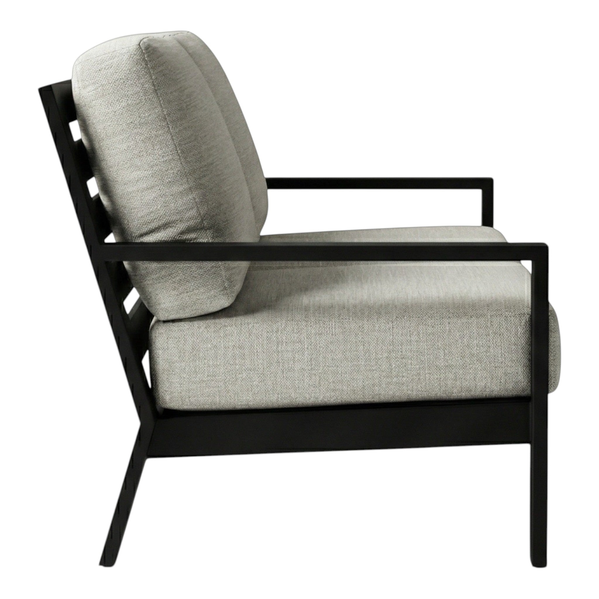 Summer House Patio Coast loveseat with black powder coated aluminum frame and light grey Sunbrella cushions.