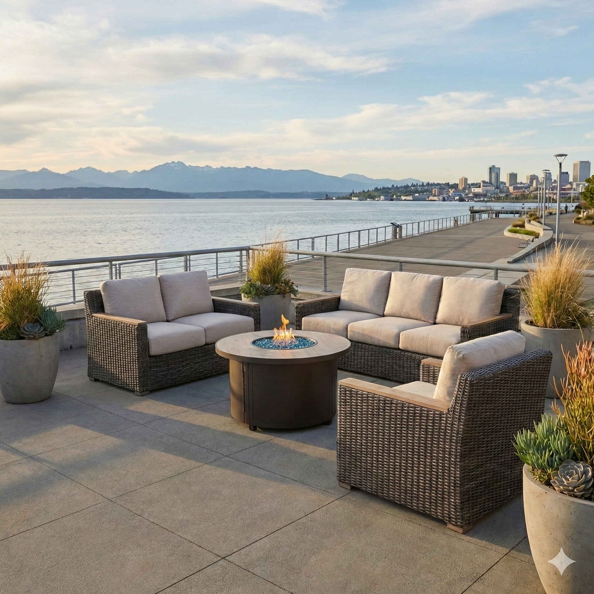 Summer House Patio Summit collection woven lounge chairs and sofa with beige cushions and Salvaged Lumber accents.