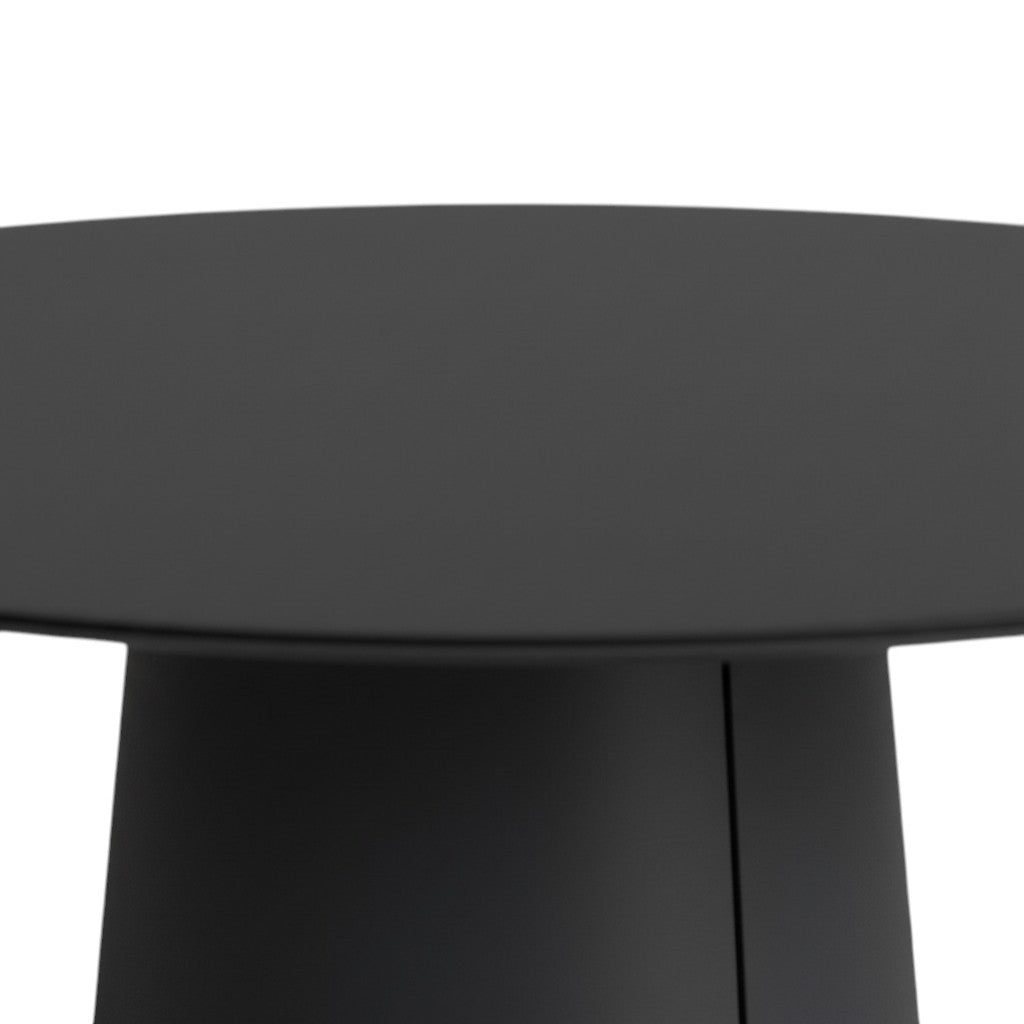 Summer House Patio Atlas round dining table in textured pewter with a conical base and infinity edge top.
