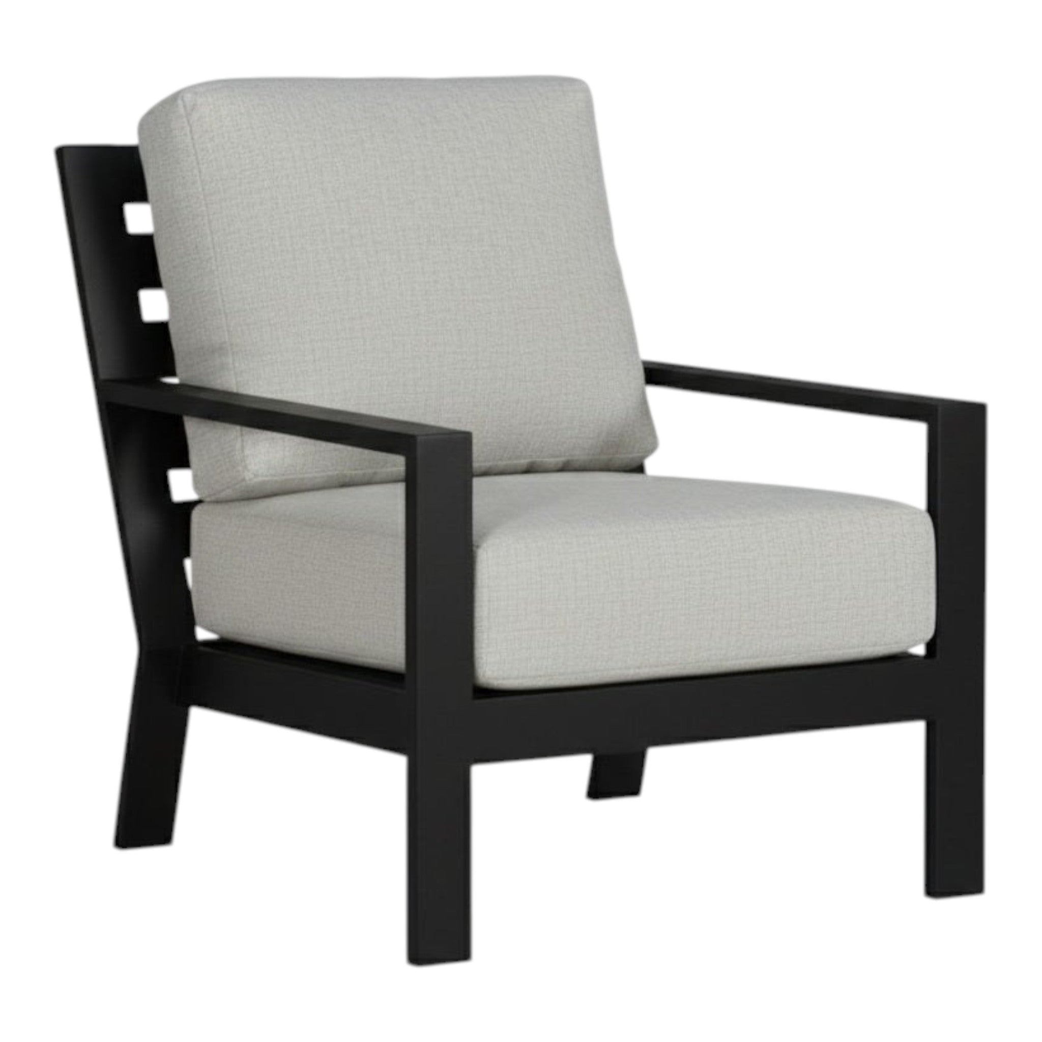 Summer House Patio Coast lounge chair in coal powder coated aluminum with light grey Sunbrella cushions.