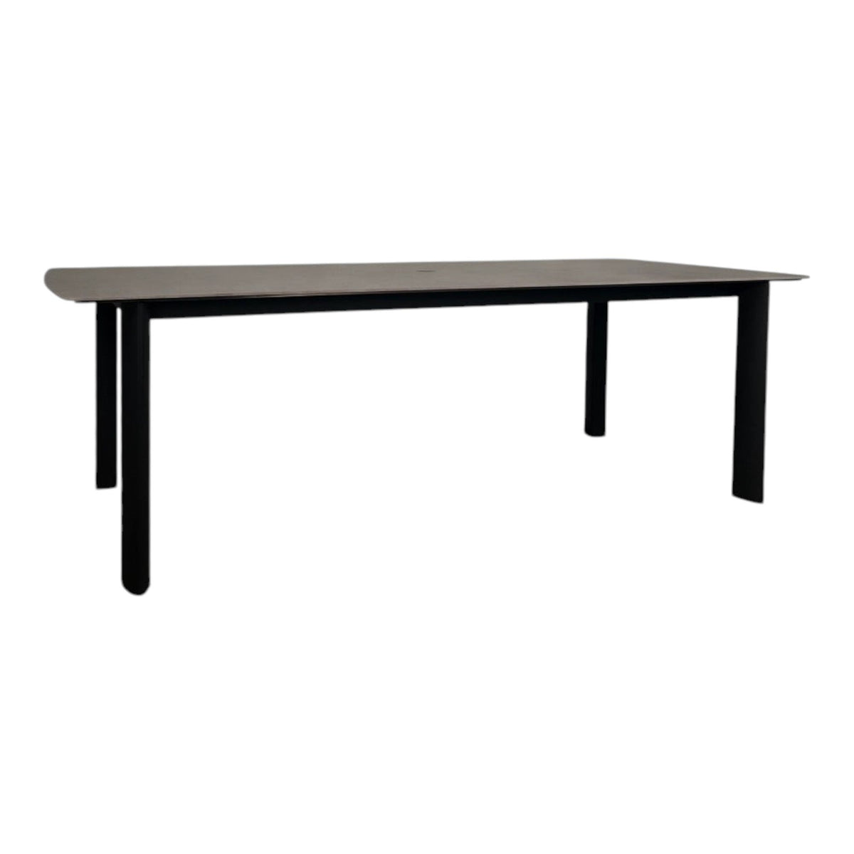 Summer House Patio Enzo 94" rectangular dining table with Belgian Grey ceramic top and slate powder-coated aluminum legs. Includes umbrella hole.