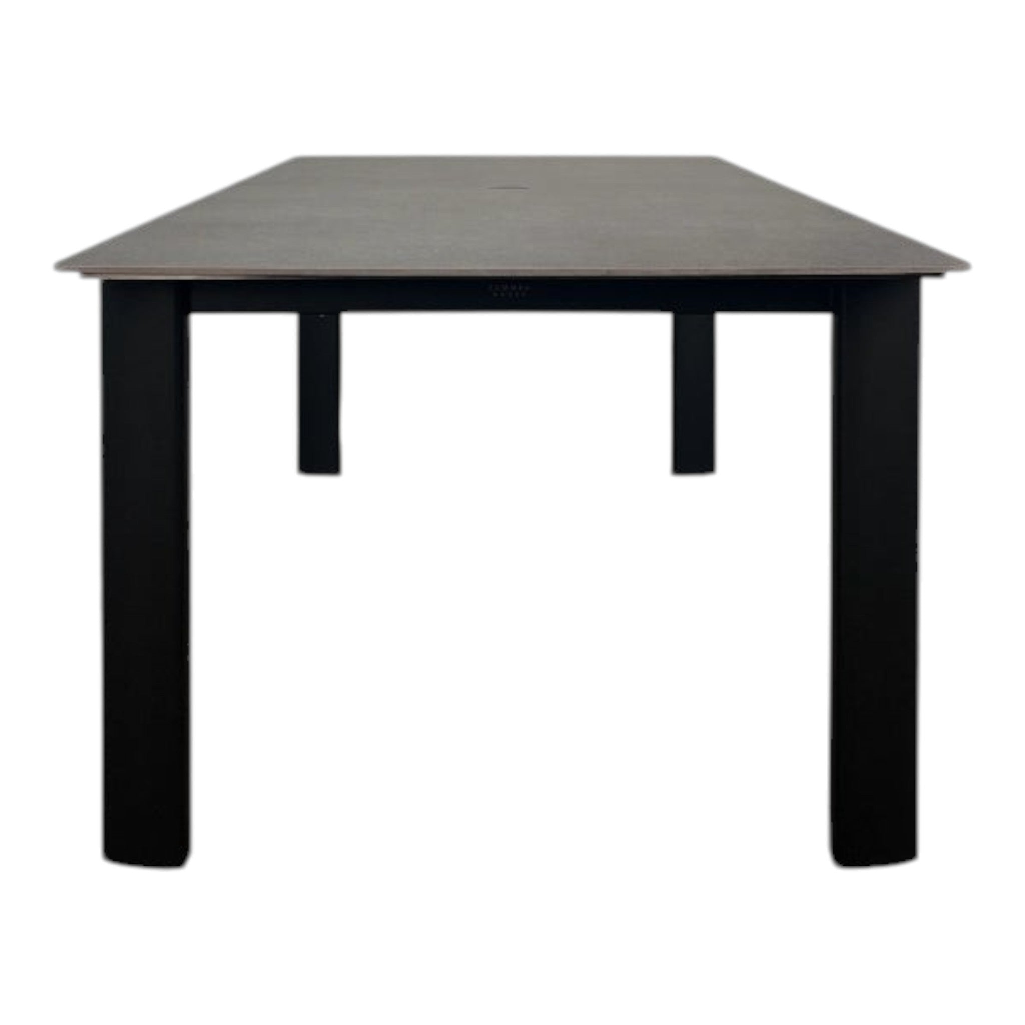 Summer House Patio ENZO 94" rectangular dining table with Belgian Grey ceramic top and slate powder-coated aluminum legs. Includes umbrella hole.