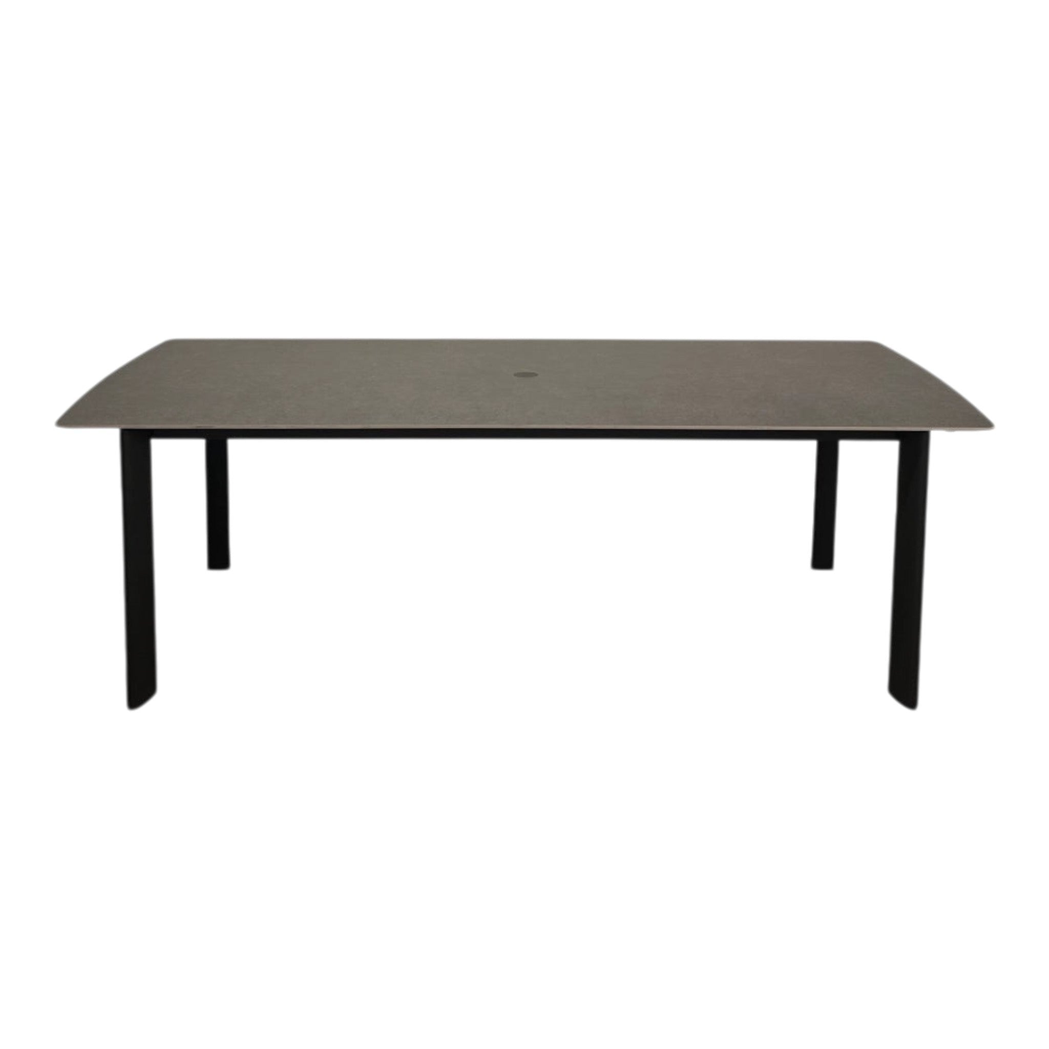 Summer House Patio ENZO 94" rectangular dining table with Belgian Grey ceramic top and slate powder-coated aluminum legs. Includes umbrella hole.