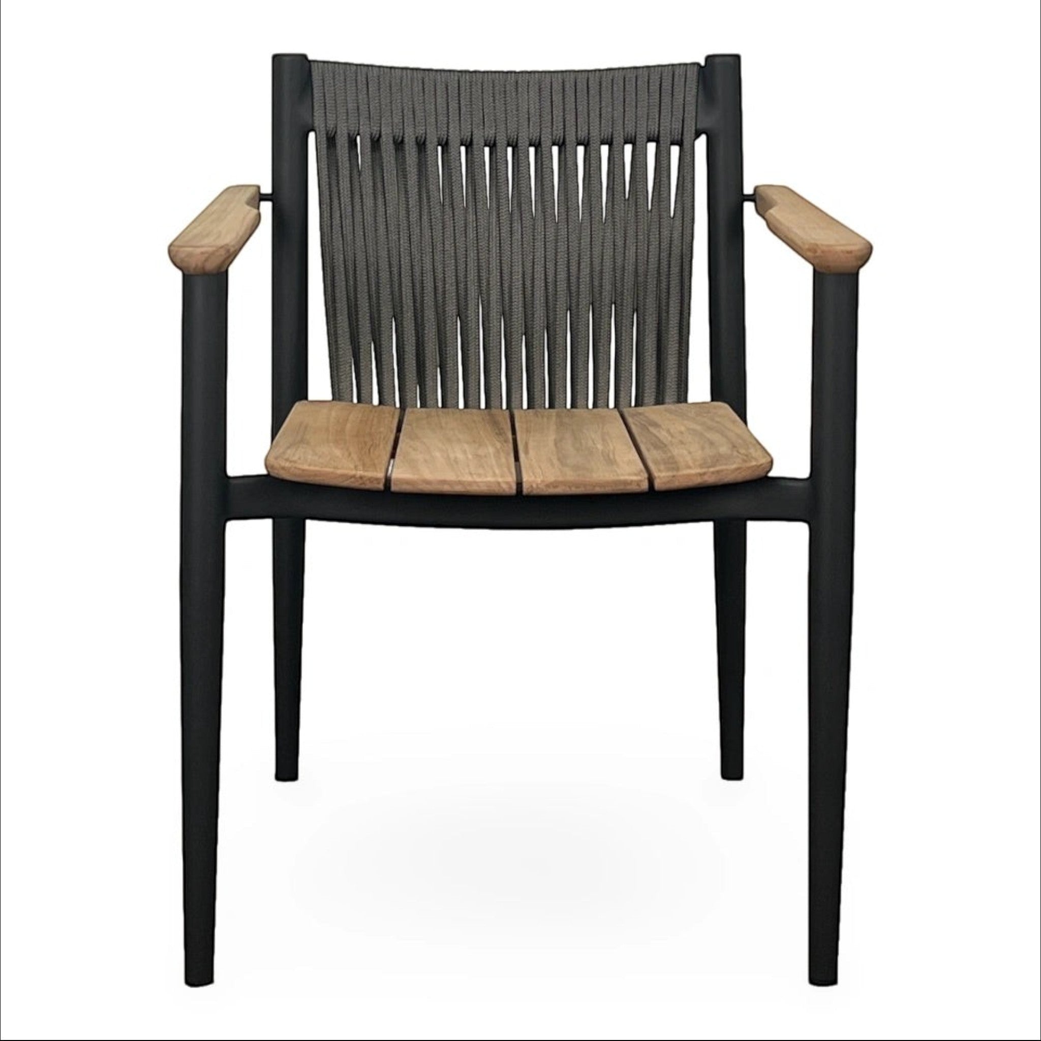 Summer House Patio Enzo dining arm chair with slate powder-coated aluminum frame, natural teak seat, and anthracite rope back.