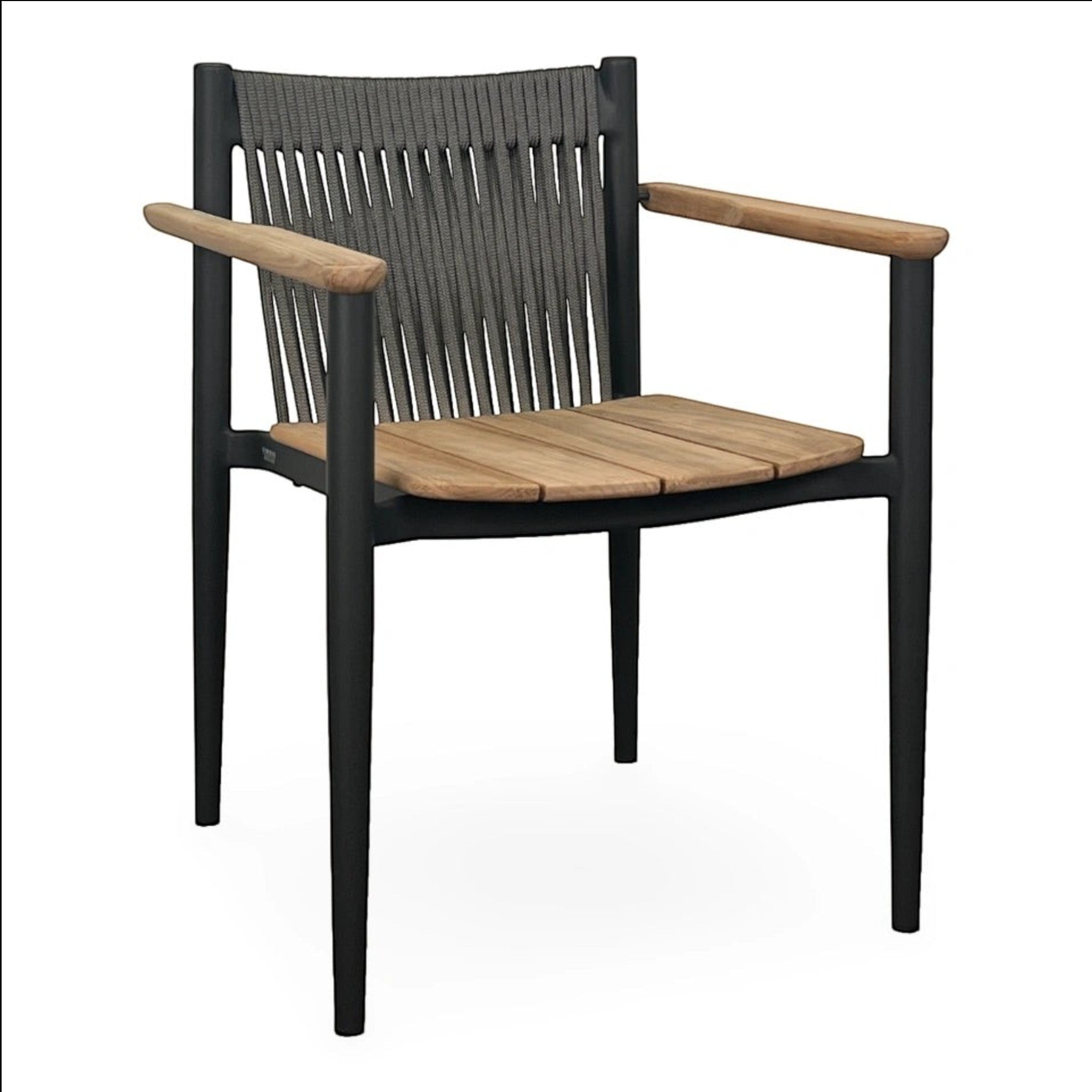 Summer House Patio Enzo dining arm chair with slate aluminum frame, anthracite rope back, and natural teak seat and armrests.