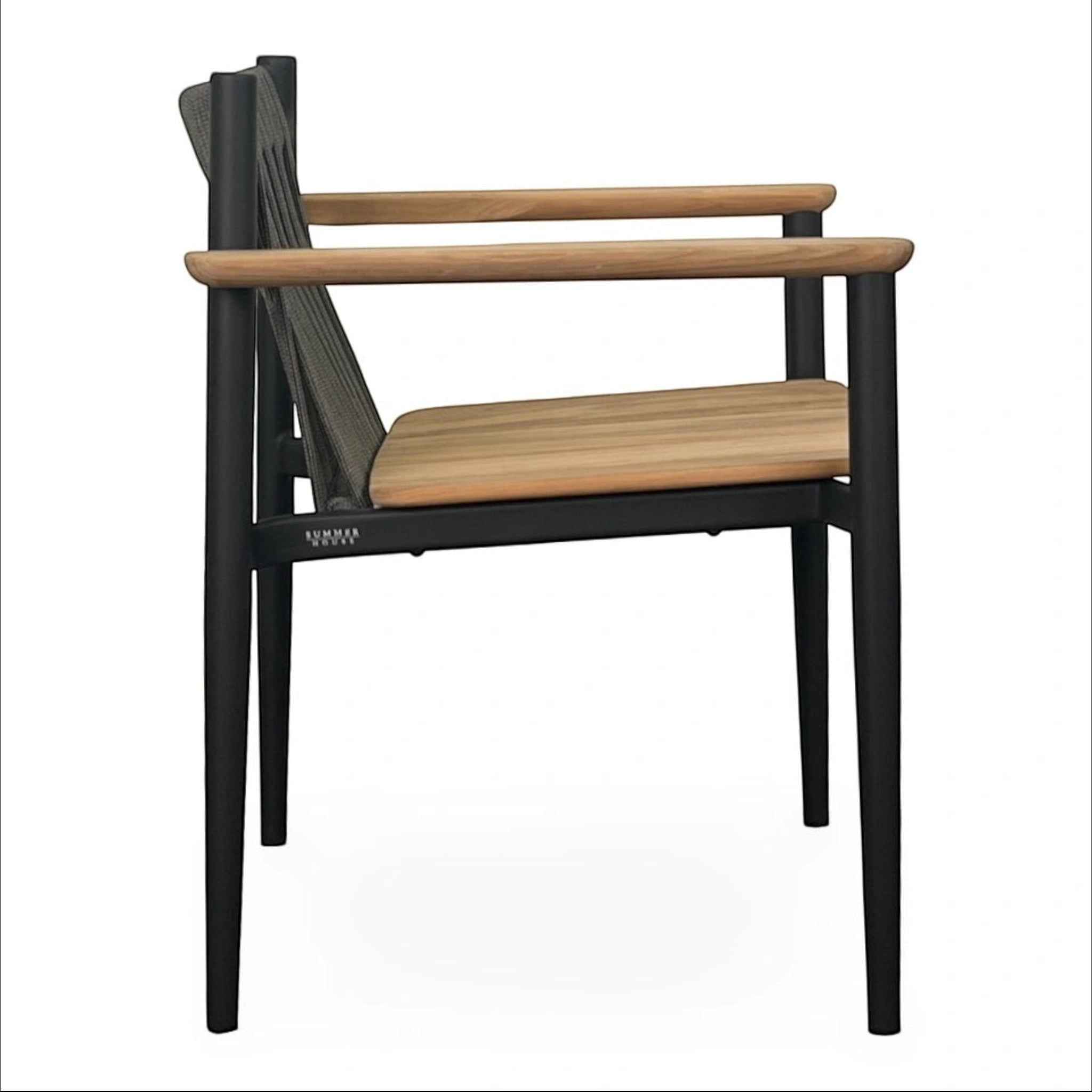 Summer House Patio Enzo dining arm chair with slate aluminum frame, natural teak seat, and anthracite rope back.