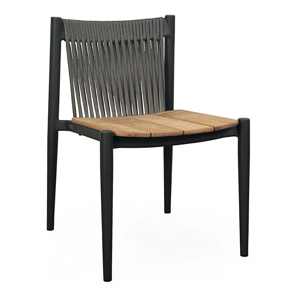 Summer House Patio Enzo dining chair with slate powder coated aluminum frame, anthracite rope back, and natural teak seat.