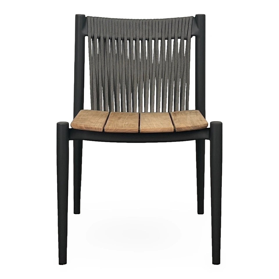 Summer House Patio Enzo dining chair with slate powder coated aluminum frame, anthracite rope back, and natural teak seat.