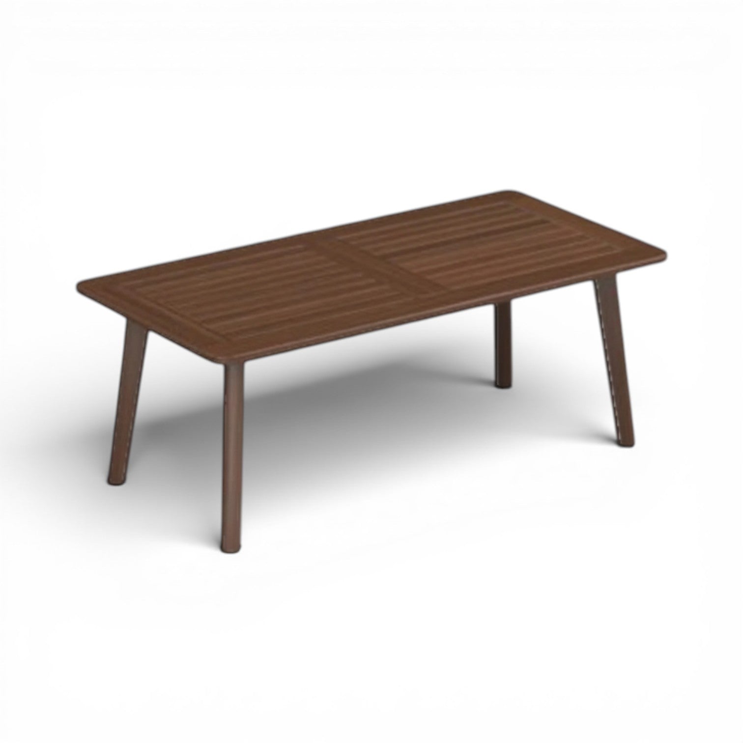 Summer House Patio Foundations 48" rectangular coffee table made of natural Ipe wood with a slatted top.