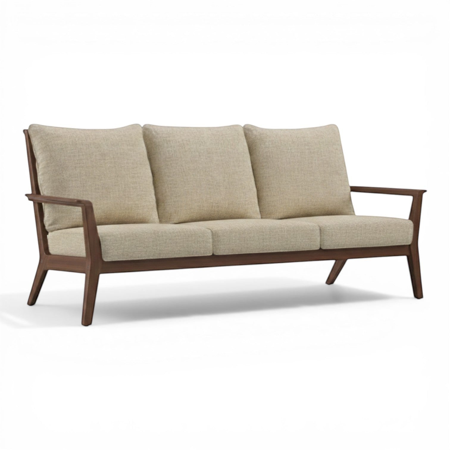 Summer House Patio Sky sofa with natural Ipe wood frame and linen stone Sunbrella cushions. Transitional retro-contemporary outdoor furniture.