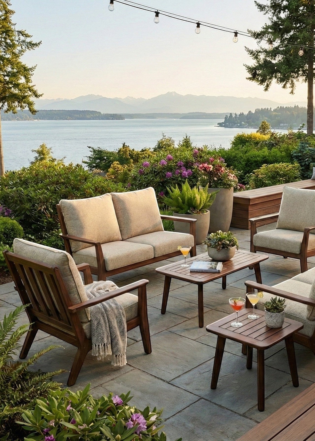 Summer House Patio SKY SOFA: Ipe wood frame sofa with linen stone Sunbrella cushions. Transitional outdoor furniture.