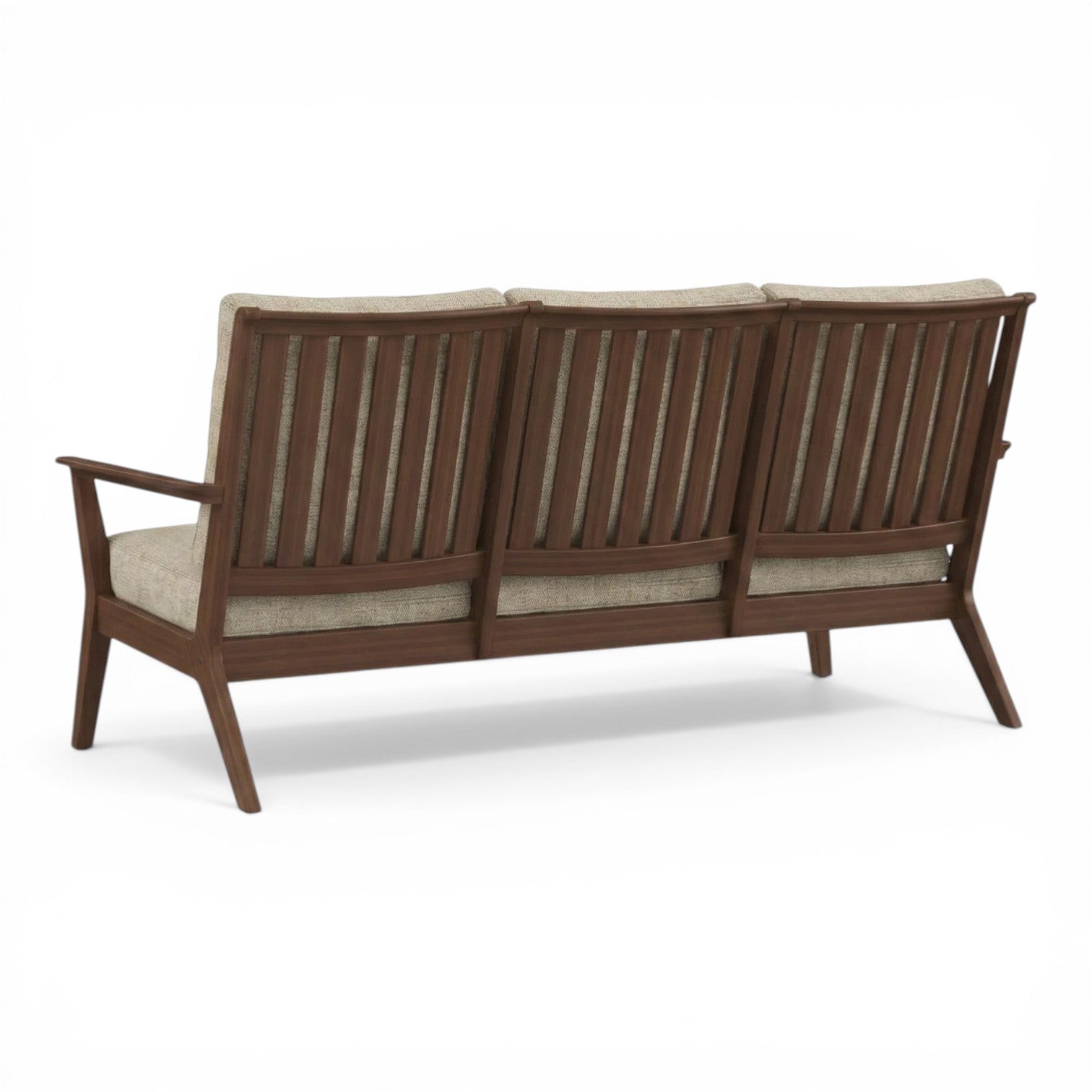 Summer House Patio SKY SOFA outdoor sofa with Ipe wood frame and Linen Stone Sunbrella cushions.