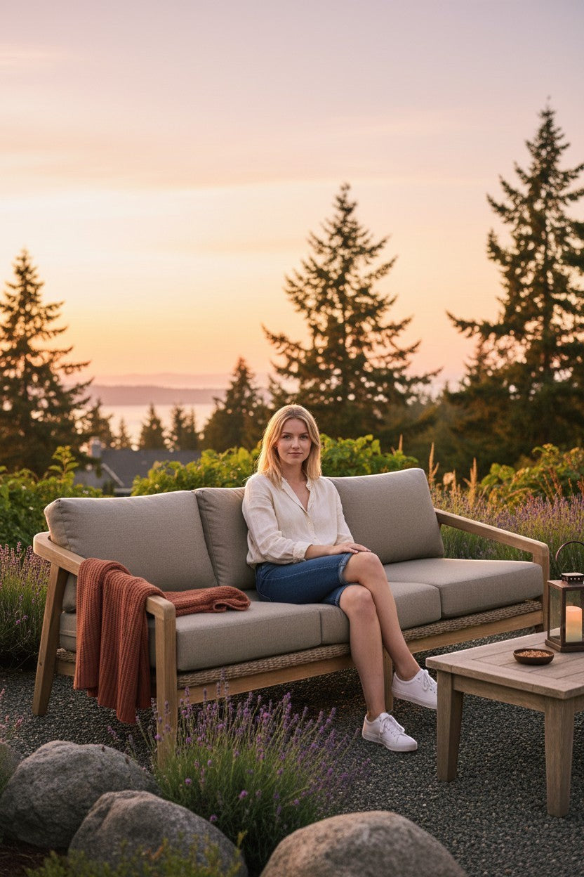 Summer House Patio Spencer sofa with solid teak frame, woven wicker base, and ash grey cushions.